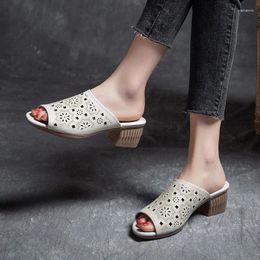 Slippers Summer Top Layer Cowhide Fish Mouth Thick Heel High Sandals Retro Ethnic Style Mom One Line For Women