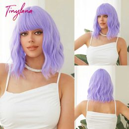 Synthetic Wigs Cosplay Wigs Bob Light Purple Curly Synthetic Wigs Short Wavy Wigs with Bangs Cosplay Party for Black Women Afro Natural Heat Resistant Hair 240329