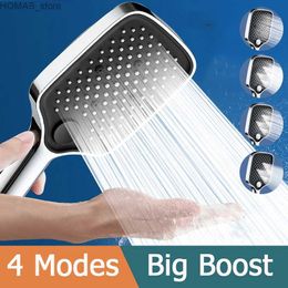 Bathroom Shower Heads Large Flow Shower Head Sliver 4 Modes High Pressure Water Saving Spray Nozzle Massage Rainfall Showerhead Bathroom Accessories Y240319