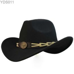 Wide Brim Hats Bucket Retro Cow Head Leather Belt Band Women Men /Kid Child Wool Warm Cowboy Western Hat Cowgirl Cap (54-57-61cm 240319