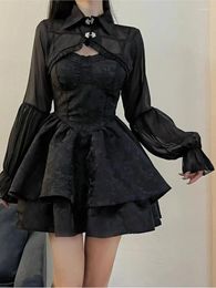 Work Dresses Y2K Tight Waist Sling Slim-fit Double-layer Ruffled Black Dress Short Vertical Collar Long-sleeved Coat Suit