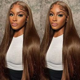 Synthetic Wigs 200% Chocolate Brown Straight Lace Front Wigs Human Hair Transparent 13x4 Lace Frontal Human Hair Wig Pre Plucked Coloured Wig 240329