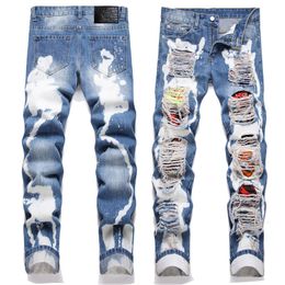Mens Stacked Jeans Ripper Denim Long Pants Skinny fit Slim Men's stretch Biker Jean Distressed Designer Patchwork Trouser Top Quality size 29-38 Blue