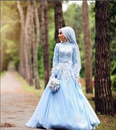 Muslim Hijab Wedding Dress with Veil High Neck Long Sleeve Light Sky Blue Appliques Lace A Line Modest Bridal Gowns Customise Plus6655910