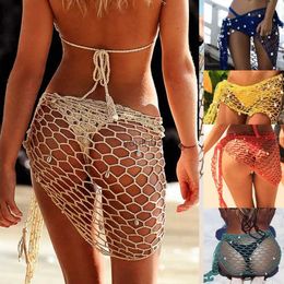 Skirts Skorts Summer Hot Women Beach Weave Hand Crochet Wrap Shls Sexy Bikini Cover Up Sunscreen Nets Skirt Mesh Tunic Pareo Beachwear 240319