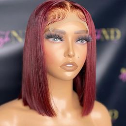 Indian Human Hair 4*4 Lace Bob Wig Burgundy Middle Part 130%-180% Density 99J Colour Silky Straight 10-18inch