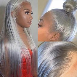 36Inch Silver Gray Bone Straight Frontal Wig 13x4/13x6 Lace Front Human Hair Wigs for Women Pre Plucked 12A Colored Glueless Wig