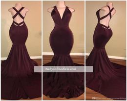 African Black Girls Burgundy 2k19 Mermaid Prom Dresses Deep V Neck Open Back Simple Floor Length Formal Evening Dresses Party Gown7932418