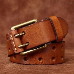 Belts 3.8cm Wide Retro Men's Belt Cowhide Real Genuine Leather Copper Double Needle Buckle Handmade Jeans Fashion Male