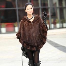 Scarves Winter Women Fur Shawl Knitted Hooded Genuine Mink Stole Brand Fashion Casual With Zipper Poncho Elegant Pashmina