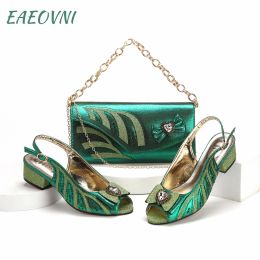 Pumps Italian Classic Design Women's Hand Bag Green Colour Matching Low Heels African Wedding Party Shoes And Clutch Set