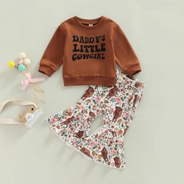 Clothing Sets FOCUSNORM 2pcs Lovely Kids Girls Clothes 0-4Y Letter Long Sleeve Pullover Sweatshirt Tops Cow Floral Printed Flare Pants