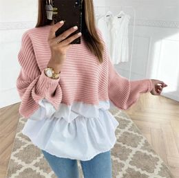 Women's Sweaters Woman Loose Knitted Tops Wool Stitching Four-sided Stretch Long-sleeved Multicolor Lace Pleated Top Vintage Streetwear