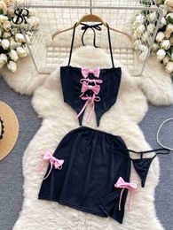 Sexy Set SINGREINY Bow Sweet Sexy Lingerie Nightwear 3-Piece Sets Halter Backless Vest+Mini Skirt+Thongs Home Wear Erotic Underwear Suits 24319