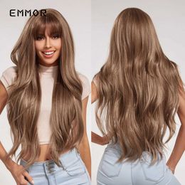 Synthetic Wigs Emmor Brown Synthetic Long Wavy Wigs with Bangs Daily Cosplay Party Use Heat Resistant Fibre for Women 240328 240327