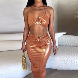 Casual Dresses Metal Ring Y2K Metallic Gilding Maxi Slip Dress Women Sexy Hollow Out Spaghetti Straps Backless Bodycon Long Club Party Robes