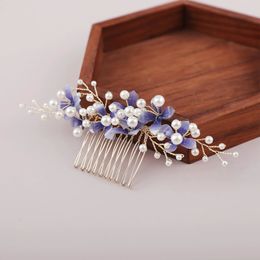 Floral Tiara Hair Comb Wedding Accessoreis For Women Blue Flower Pearl Hairpin Side Pin Girls Party Headwear Charm Jewelry 240311