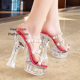 Dress Shoes Dress Shoes Slippers Sexy Women Pumps Fairy Style Pearl Sandals Waterproof Platform Fashion Models Club Crystal High Heels 14CM Summer H9L7 H240321
