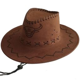 Men Women Summer Travel Sunscreen Suede Leather Western Cowboy Hat Cartoon Cow Head Print Big Wide Brim Sun Jazz Cosplay Cap W65 240311