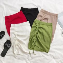 Skirts 2024 Summer Fashion Solid Colour Mini Skirt High Waist Stretch Side Drawstring Bottoms Women Slim Knitted Short