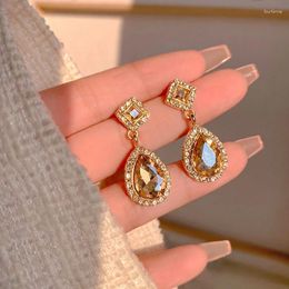 Dangle Earrings Gold Color Shiny Rhinestone Zircon Water Drop Crystal Pendant Female Luxurious Temperament Girl Party Jewelry Gift
