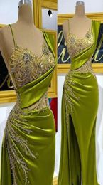Arabic Aso Ebi Olive Green Elegant Satin Mermaid Prom Dresses Gorgeous Crystals Beading Ruched Formal Evening Gowns Ruched Sexy Sp7201787