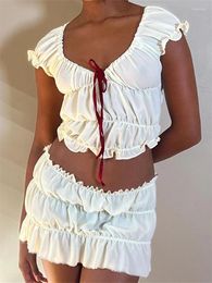 Work Dresses Two Piece Sets Women Ruffle Ruched Skirt Short Sleeve Tie-up Tops And Mini Skirts Summer Y2K Aesthetic Clothes