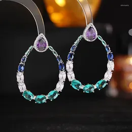 Dangle Earrings French Trendy Color Cz Silver Needle Personality Exaggerated Atmosphere Circle Drop-shaped Birthday Gift