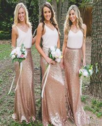 2019 Rose Gold Sequined White Top Two Pieces Bridesmaid Dresses Bohemian Country Long Maid Of Honour Wedding Guest Dresses2777066