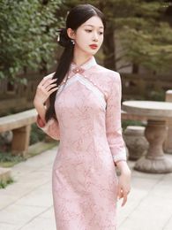 Ethnic Clothing Young Elegant Lady Style Pink Long Sleeve Cheongsam Autumn Improved Casual Clothes