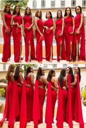 2019 Arabic Cheap Red Mermaid Bridesmaid Dresses One Shoulder Side Split Floor Length Long Wedding Guest Dress Formal Maid of Hono7802002