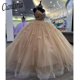 Champagne Ball Gown Quinceanera Dresses 2024 Off Shoulder Butterfly Appliques Crystal Vestido De 15 Anos 16th Prom Party