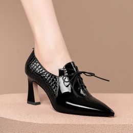 Pumps New Women's Bare Boots High Heels Lace Up Dress Shoes Patent Leather Office Lady Shoes Snakeskin Oxford Shoes Brogue Shoe 9985N