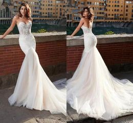 Sweetheart Slim Fit Mermaid Wedding Dresses For Women Chic Embroidery Lace Fishtail Bridal Gowns Boho Garden Long Tulle Court Train Bride Vestidos De Novia CL3401