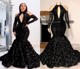 NEW 2022 Black Tiered Skirts Prom Dresses African High Neck 3D Lace Flowers Sequined Evening Gowns Plus Size Reflective Dress V9386441