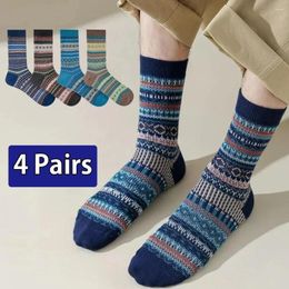 Men's Socks 4 Pairs Men Cotton Autumn Winter Retro Jacquard Pattern Mid Tube High Quality Fashion Trend Casual Fast Send