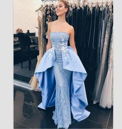 Sheath Column Blue Evening Dresses Strapless Satin Long Prom Gowns Formal Lace Girls Pageant Dress gown3537798