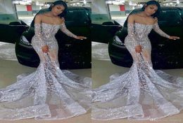 Silver Mermaid Prom Dresses Beaded Appliqued Crystal Lace Long Sleeve Evening Dress African Off Shoulder Illusion Party Vestidos D2070226