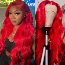 Synthetic Wigs Synthetic Wigs 13X6 Hd Lace Frontal Human Hair Wigs 34 Inch Red Colored Body Wave Lace Front Wig Burgundy Curly 13X4 Lace Front Human Hair Wig 240327