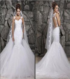 2019 New Cheap Berta Sexy Sheer Back Mermaid Wedding Dresses Spaghetti Straps Lace Appliqued Bridal Gown Saudi Arabia Vestidos FH17072931