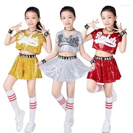 Stage Wear 5Pcs Kids Girls Boys Sequin Uniforms Outfit Cheerleader Clothing Crop Top & Skirt/ Shorts Set Street Dance Jazz Costumes