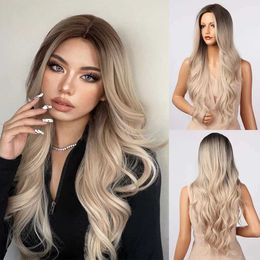 Synthetic Wigs HENRY MARGU Long Wavy Ombre Brown Platinum Blonde Synthetic Wigs for Women Heat Resistant Natural Cosplay Party Lolita Hair Wigs 240328 240327