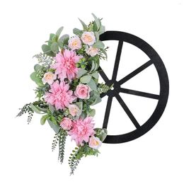 Decorative Flowers Spring Wreath Pink Artificial And Wheel For Window Front Porch