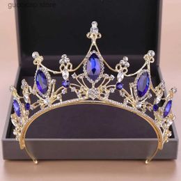 Tiaras Vintage Gold Hair Jewelry Blue Crystal Rhinestone Diadems Tiaras And Crowns Queen Princess Wedding Hair Accessories Headdress Y240319