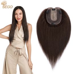Toppers SEGO 10x12cm Women Human Hair Toppers Silk Base Natural Scalp Top Wig Hairpiece Straight 4 Clips In Hair Piece Brown Blonde
