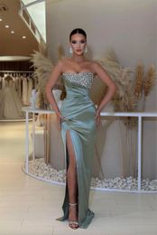 Women Beaded Elegant Evening Party Dresses Strapless Sleeveless Satin High Split Ruched Prom Gowns Formal Vestidos