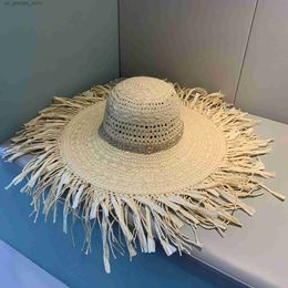 Wide Brim Hats Bucket Hats 2023 Handmade Womens Str Sun Hat Wide Brim Gilrs High Quality Natural Panama Summer Beach Str Holiday Sun Hat Y240319
