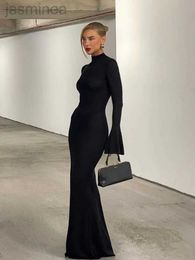 Basic Casual Dresses Sexy Backless Dress Women Slim Collar Long Flare Sleeve Vestidos Robes Lady Party Dresses 24319