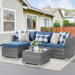 Camp Furniture Outdoor Sofa 3-piece Segmented Silver All Weather Rattan Wicker Small With Washable Cushions And Glass Table