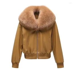 Women's Leather 2024 Women Real Jackets Fashion Lady Sheepskin Coat With Genuine Fur Collar Full Sleeve Autumn Winter Outwear GT5076